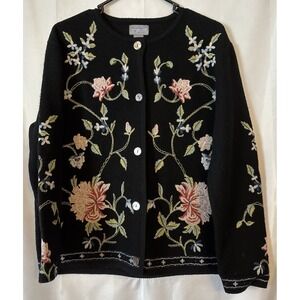 Carroll Reed Cardigan Sweater 100% Wool Embroidered Flowers Front & Back  PL